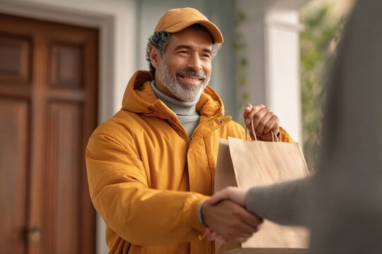 Delivery action by smiling man home setting lifestyle content warm environment close-up view community connection