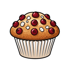 Photo of delicious blueberry muffin with red berries and sugar crystals, isolated on transparent background