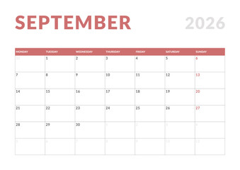 Monthly page Calendar Planner Template design of September 2026. Vector layout of calendar with week start Monday for Scheduling. Page for size A4 or 21x29.7 cm