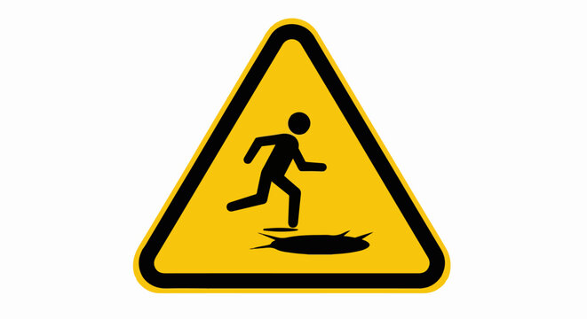 Warning sign depicting a person falling into a hole.