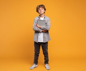 Fototapeta premium A young boy stands confidently against a vibrant orange background, holding a gray spiral-bound notebook with arms crossed.