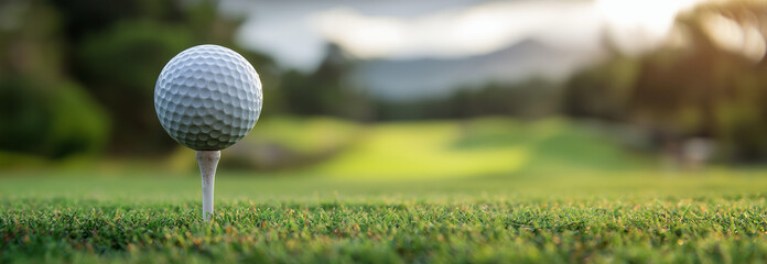 A white golf ball resting on a tee with a lush green course background, ready for the perfect swing.
