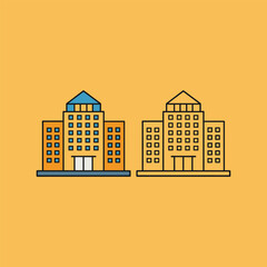 Vector art of two cartoon buildings, one in color and one in outline, on a yellow background