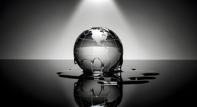 Melting Glass Earth Globe in Black and White with Water Puddle and Spotlight.