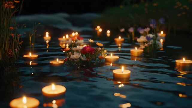 A pond with many candles floating on the water. The candles are lit and the water is dark