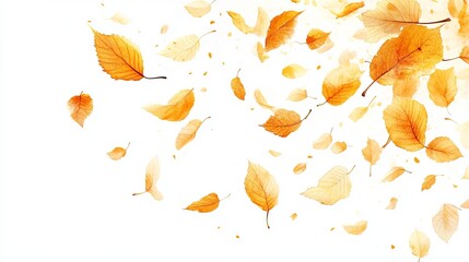 Fototapeta premium Golden autumn leaves falling against a white backdrop, creating a sense of motion and seasonal change
