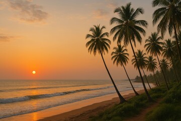 Golden Sunset on a Tropical Beach with Palm Trees.