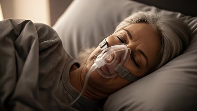 Silver Haired Woman Sleeping with Full Face CPAP Mask in Bed with Gray Linens and Pillow in Ambient Lighting for Respiratory Assistance