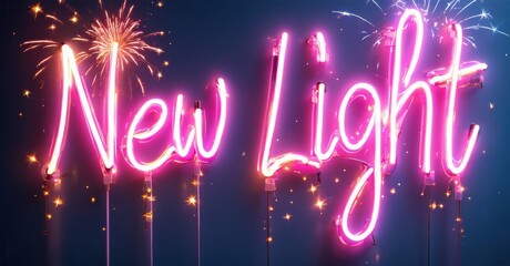 Bright pink neon sign displays New Light. Fireworks sparkle above, creating festive atmosphere. Dark background emphasizes glowing text.