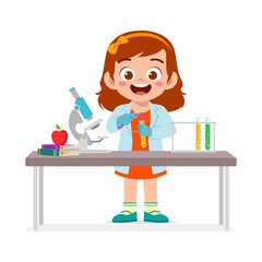Happy Girl in Lab Coat Doing Science Experiment Mixing Chemicals in Test Tubes Illustration