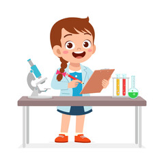 Happy Little Girl Wearing Lab Coat Writing on Clipboard in a Laboratory Setting with Smile