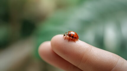 Close up of a ladybug gently walking on a person's fingertip, showcasing the delicate interaction between humans and nature with a blurred green background
