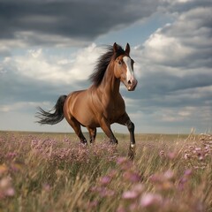 Obraz premium Strong brown horse galloping through a field of wildflowers under dramatic cloudy sky.
