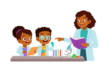 African Teacher teaching children in a science classroom doing experiment with enthusiasm