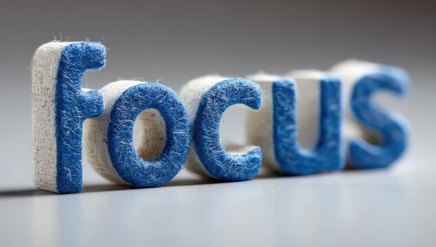 Close-up of the word "FOCUS" in textured, light-blue letters on a light-gray background