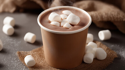 A brown paper cup filled with rich hot chocolate topped with fluffy marshmallows, perfect for a cozy treat on amazing background 
