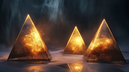 Mystical glowing pyramids emanate golden energy in a dark, atmospheric setting