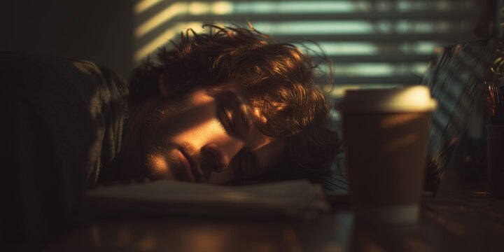Young man sleeping at desk with coffee cup and sunlight through blinds, concept for exhaustion representation, burnout illustration and stress management imagery