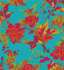 Big flower,Seamless watercolor floral pattern, flowers elements, green leaves branches on dark black background; for wrappers, wallpapers, postcards, greeting 