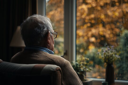 Senior man with glasses looks out window at autumn foliage, lost in thought, concept for reflection on life, contemplation of past and facing the future