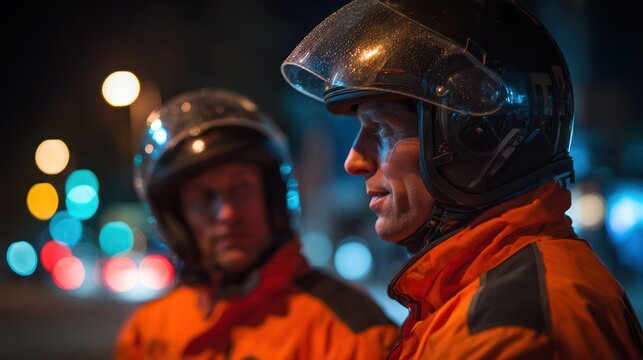 Emergency responders on night patrol urban city action photography nighttime close-up safety and alertness