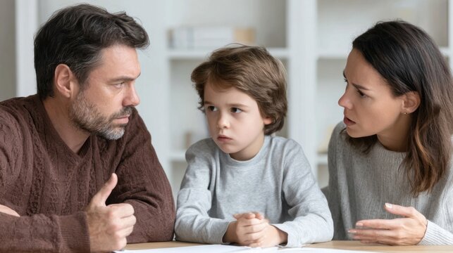 Child attempts to mediate between two arguing parents during a tense discussion at home