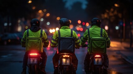 Delivery riders navigating city streets at night urban environment action image dynamic viewpoint
