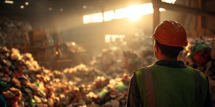 A worker in safety gear observes a large pile of unsorted waste inside a recycling plant, concept for waste management, sustainable development and environmental awareness