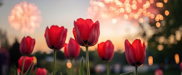 Fototapeta premium Vibrant Red Tulips Bloom Against a Bokeh Background of Festive Fireworks