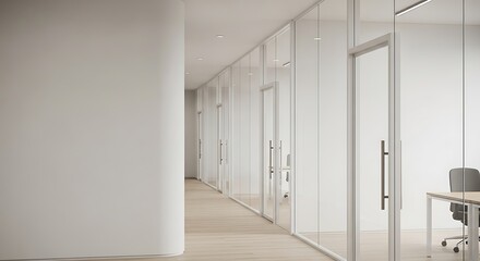 Modern Office Corridor with Glass Partitions.