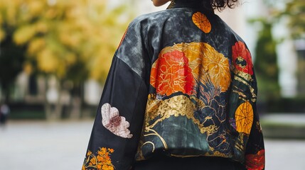 Stunning silk bomber jacket features vibrant floral and nature-inspired Japanese art with gold accents