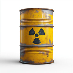 A hazardous radioactive barrel isolated on a clean white background, warning of toxic materials.
