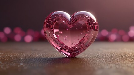 Fototapeta premium A sparkling, crystal-like heart shape illuminated with a soft pink glow, resting on a wooden surface.