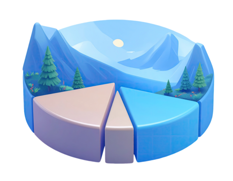 3-part pie chart graphic, stylized mountain landscape in center - Powered by Adobe