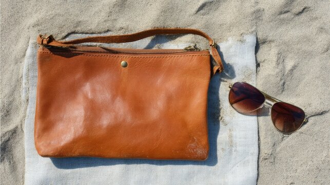 Elegant leather clutch and stylish angular sunglasses on textured sandcolored linen fabric topdown view - Powered by Adobe