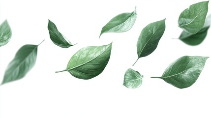 Naklejka premium Green leaves float against a white backdrop, creating a sense of lightness and natural beauty