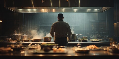 Chef stands back to camera amidst steaming pots in a commercial kitchen, concept for culinary excellence, restaurant promotion and food service branding