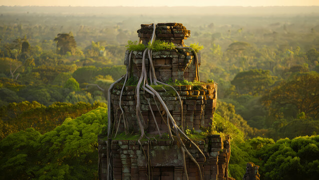Ancient temple ruins overgrown with trees and roots in a lush jungle landscape, showcasing the beauty of nature reclaiming historical architecture