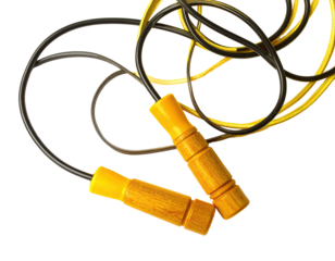 Close-up of a jump rope with yellow handles and black cord (1)