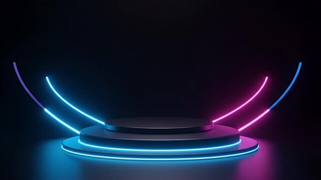 Empty black product podium or pedestal with glowing blue and pink neon lights on a dark background for display. 3D render.