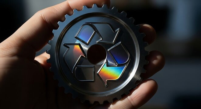 Close-up of a hand holding a shiny metal gear with a holographic recycling symbol, illustrating the concept of sustainable industry and green technology