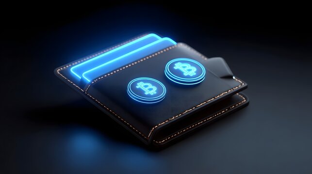 Sleek and modern digital wallet with glowing cryptocurrency icons, representing the future of secure digital finance and transactions.