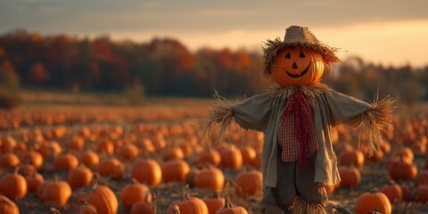 A smiling scarecrow with a pumpkin head stands in a field of pumpkins at sunset time, evoking autumn vibes. Concept for Halloween celebration, Thanksgiving decoration and harvest festival