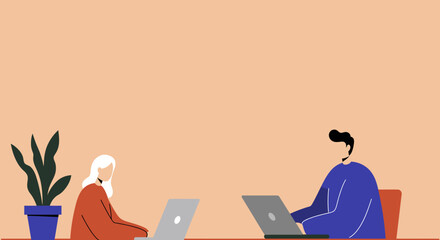 Two professionals focused on laptops in a modern, minimalist workspace, symbolizing remote work, collaboration, and digital productivity.