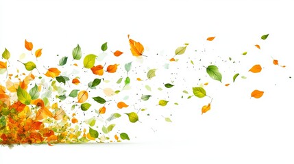 Autumn leaves in motion, swirling and scattering on a white background; vibrant colors and dynamic movement