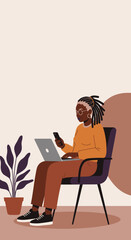 Elderly Black woman with dreadlocks uses laptop and smartphone, embodying modern senior living, remote work, and digital connectivity in a relaxed home environment.