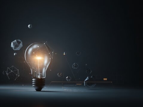 Glowing Lightbulb with Orbiting Geometric Shapes, Innovation Concept - Powered by Adobe