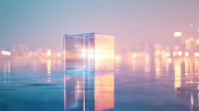 Transparent cube reflecting light on water surface