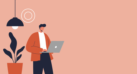 Man working on a laptop in a modern minimalist space with a plant and lamp. Ideal for themes of remote work, online learning, productivity, and modern lifestyle.