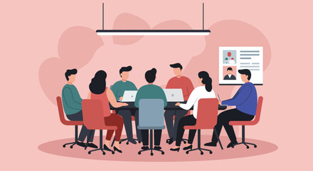 Diverse business team collaborating in a modern office meeting, discussing projects with laptops and a display. Ideal for teamwork, strategy, and corporate communication concepts.